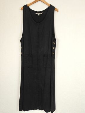 Natural Origins Black Tencel Maxi Tank Dress XL Lagenlook Button Detail Pockets